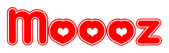 The image is a clipart featuring the word Moooz written in a stylized font with a heart shape replacing inserted into the center of each letter. The color scheme of the text and hearts is red with a light outline.