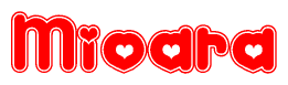 The image is a red and white graphic with the word Mioara written in a decorative script. Each letter in  is contained within its own outlined bubble-like shape. Inside each letter, there is a white heart symbol.