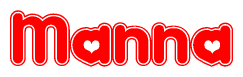   The image is a clipart featuring the word Manna written in a stylized font with a heart shape replacing inserted into the center of each letter. The color scheme of the text and hearts is red with a light outline. 