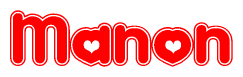 The image is a red and white graphic with the word Manon written in a decorative script. Each letter in  is contained within its own outlined bubble-like shape. Inside each letter, there is a white heart symbol.
