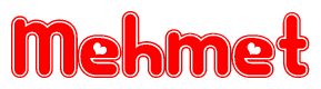 The image is a red and white graphic with the word Mehmet written in a decorative script. Each letter in  is contained within its own outlined bubble-like shape. Inside each letter, there is a white heart symbol.