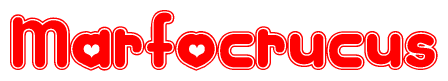 The image is a red and white graphic with the word Marfocrucus written in a decorative script. Each letter in  is contained within its own outlined bubble-like shape. Inside each letter, there is a white heart symbol.