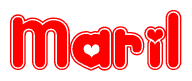 The image is a red and white graphic with the word Maril written in a decorative script. Each letter in  is contained within its own outlined bubble-like shape. Inside each letter, there is a white heart symbol.