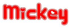 The image is a red and white graphic with the word Mickey written in a decorative script. Each letter in  is contained within its own outlined bubble-like shape. Inside each letter, there is a white heart symbol.