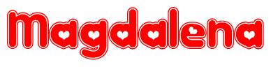The image is a clipart featuring the word Magdalena written in a stylized font with a heart shape replacing inserted into the center of each letter. The color scheme of the text and hearts is red with a light outline.
