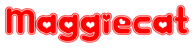 The image displays the word Maggiecat written in a stylized red font with hearts inside the letters.