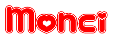 The image is a clipart featuring the word Monci written in a stylized font with a heart shape replacing inserted into the center of each letter. The color scheme of the text and hearts is red with a light outline.