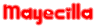 The image is a red and white graphic with the word Mayecilla written in a decorative script. Each letter in  is contained within its own outlined bubble-like shape. Inside each letter, there is a white heart symbol.