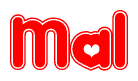 The image is a clipart featuring the word Mal written in a stylized font with a heart shape replacing inserted into the center of each letter. The color scheme of the text and hearts is red with a light outline.