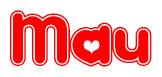 The image is a clipart featuring the word Mau written in a stylized font with a heart shape replacing inserted into the center of each letter. The color scheme of the text and hearts is red with a light outline.