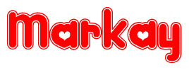 The image is a red and white graphic with the word Markay written in a decorative script. Each letter in  is contained within its own outlined bubble-like shape. Inside each letter, there is a white heart symbol.