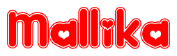 The image is a clipart featuring the word Mallika written in a stylized font with a heart shape replacing inserted into the center of each letter. The color scheme of the text and hearts is red with a light outline.