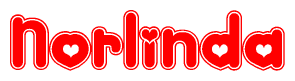 The image displays the word Norlinda written in a stylized red font with hearts inside the letters.