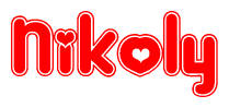 The image is a red and white graphic with the word Nikoly written in a decorative script. Each letter in  is contained within its own outlined bubble-like shape. Inside each letter, there is a white heart symbol.