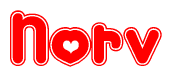 The image is a clipart featuring the word Norv written in a stylized font with a heart shape replacing inserted into the center of each letter. The color scheme of the text and hearts is red with a light outline.