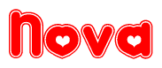 The image is a red and white graphic with the word Nova written in a decorative script. Each letter in  is contained within its own outlined bubble-like shape. Inside each letter, there is a white heart symbol.