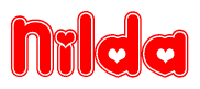 The image is a clipart featuring the word Nilda written in a stylized font with a heart shape replacing inserted into the center of each letter. The color scheme of the text and hearts is red with a light outline.