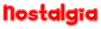 The image is a clipart featuring the word Nostalgia written in a stylized font with a heart shape replacing inserted into the center of each letter. The color scheme of the text and hearts is red with a light outline.