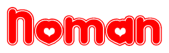 The image is a clipart featuring the word Noman written in a stylized font with a heart shape replacing inserted into the center of each letter. The color scheme of the text and hearts is red with a light outline.