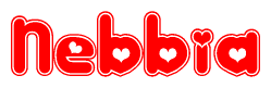 The image is a red and white graphic with the word Nebbia written in a decorative script. Each letter in  is contained within its own outlined bubble-like shape. Inside each letter, there is a white heart symbol.