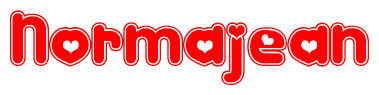   The image is a red and white graphic with the word Normajean written in a decorative script. Each letter in  is contained within its own outlined bubble-like shape. Inside each letter, there is a white heart symbol. 