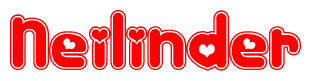 The image is a red and white graphic with the word Neilinder written in a decorative script. Each letter in  is contained within its own outlined bubble-like shape. Inside each letter, there is a white heart symbol.