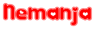 The image is a red and white graphic with the word Nemanja written in a decorative script. Each letter in  is contained within its own outlined bubble-like shape. Inside each letter, there is a white heart symbol.
