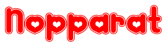 The image is a red and white graphic with the word Nopparat written in a decorative script. Each letter in  is contained within its own outlined bubble-like shape. Inside each letter, there is a white heart symbol.