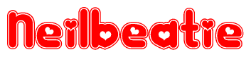 The image is a clipart featuring the word Neilbeatie written in a stylized font with a heart shape replacing inserted into the center of each letter. The color scheme of the text and hearts is red with a light outline.