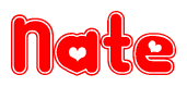   The image is a clipart featuring the word Nate written in a stylized font with a heart shape replacing inserted into the center of each letter. The color scheme of the text and hearts is red with a light outline. 