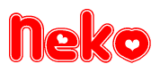 The image is a clipart featuring the word Neko written in a stylized font with a heart shape replacing inserted into the center of each letter. The color scheme of the text and hearts is red with a light outline.