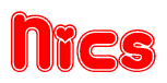 The image is a red and white graphic with the word Nics written in a decorative script. Each letter in  is contained within its own outlined bubble-like shape. Inside each letter, there is a white heart symbol.