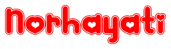 The image is a clipart featuring the word Norhayati written in a stylized font with a heart shape replacing inserted into the center of each letter. The color scheme of the text and hearts is red with a light outline.