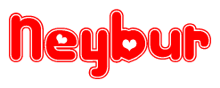 The image is a red and white graphic with the word Neybur written in a decorative script. Each letter in  is contained within its own outlined bubble-like shape. Inside each letter, there is a white heart symbol.