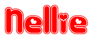 The image is a red and white graphic with the word Nellie written in a decorative script. Each letter in  is contained within its own outlined bubble-like shape. Inside each letter, there is a white heart symbol.