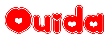 The image is a red and white graphic with the word Ouida written in a decorative script. Each letter in  is contained within its own outlined bubble-like shape. Inside each letter, there is a white heart symbol.
