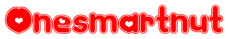 The image is a red and white graphic with the word Onesmartnut written in a decorative script. Each letter in  is contained within its own outlined bubble-like shape. Inside each letter, there is a white heart symbol.