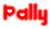 The image is a clipart featuring the word Pally written in a stylized font with a heart shape replacing inserted into the center of each letter. The color scheme of the text and hearts is red with a light outline.