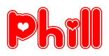 The image is a clipart featuring the word Phill written in a stylized font with a heart shape replacing inserted into the center of each letter. The color scheme of the text and hearts is red with a light outline.