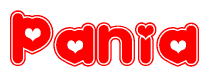 The image is a red and white graphic with the word Pania written in a decorative script. Each letter in  is contained within its own outlined bubble-like shape. Inside each letter, there is a white heart symbol.