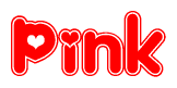 The image is a red and white graphic with the word Pink written in a decorative script. Each letter in  is contained within its own outlined bubble-like shape. Inside each letter, there is a white heart symbol.