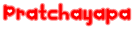 The image is a red and white graphic with the word Pratchayapa written in a decorative script. Each letter in  is contained within its own outlined bubble-like shape. Inside each letter, there is a white heart symbol.