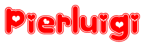 The image is a red and white graphic with the word Pierluigi written in a decorative script. Each letter in  is contained within its own outlined bubble-like shape. Inside each letter, there is a white heart symbol.