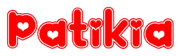 The image is a red and white graphic with the word Patikia written in a decorative script. Each letter in  is contained within its own outlined bubble-like shape. Inside each letter, there is a white heart symbol.