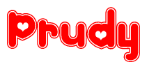 The image displays the word Prudy written in a stylized red font with hearts inside the letters.