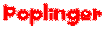 The image displays the word Poplinger written in a stylized red font with hearts inside the letters.
