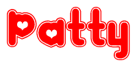 The image is a red and white graphic with the word Patty written in a decorative script. Each letter in  is contained within its own outlined bubble-like shape. Inside each letter, there is a white heart symbol.