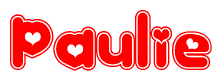 The image is a clipart featuring the word Paulie written in a stylized font with a heart shape replacing inserted into the center of each letter. The color scheme of the text and hearts is red with a light outline.