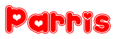The image is a clipart featuring the word Parris written in a stylized font with a heart shape replacing inserted into the center of each letter. The color scheme of the text and hearts is red with a light outline.