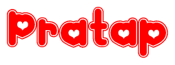 The image is a clipart featuring the word Pratap written in a stylized font with a heart shape replacing inserted into the center of each letter. The color scheme of the text and hearts is red with a light outline.